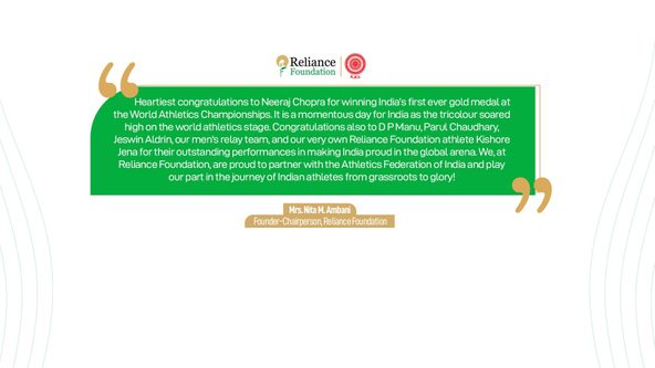 Mrs. Nita M. Ambani, Founder-Chairperson, Reliance Foundation On Team India’s Promising Run At The Recently Concluded World Athletics Championships Budapest 2023