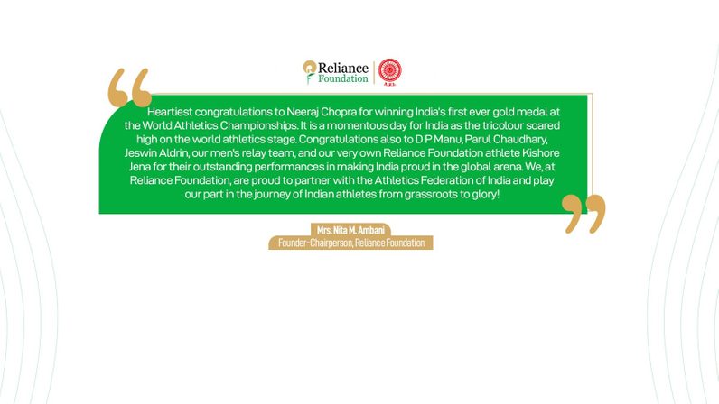 Mrs. Nita M. Ambani, Founder-Chairperson, Reliance Foundation On Team India’s Promising Run At The Recently Concluded World Athletics Championships Budapest 2023
